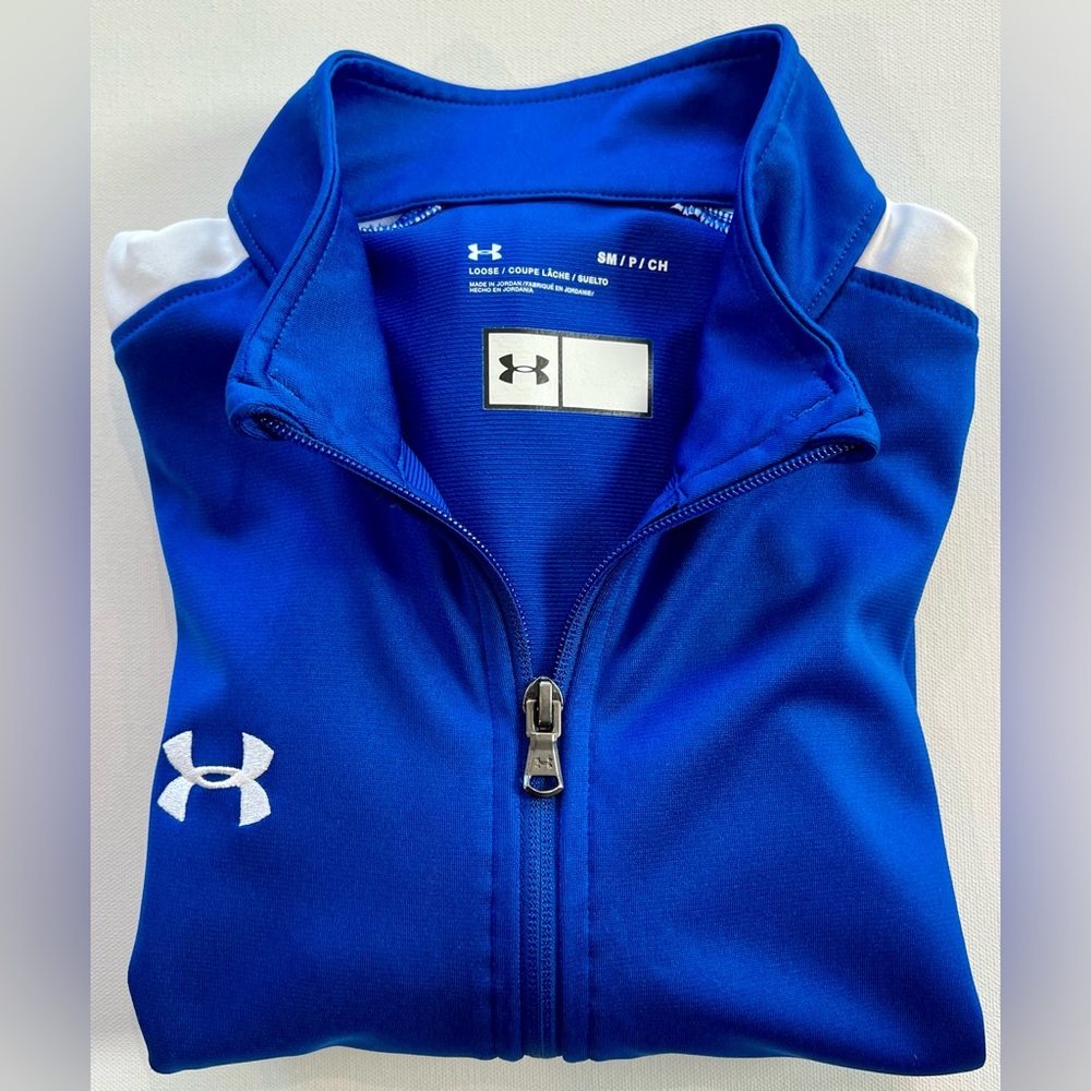 Under Armour RIVAL Relaxed Fit Royal Blue and White Zip Up Jacket Small - Picture 13 of 13
